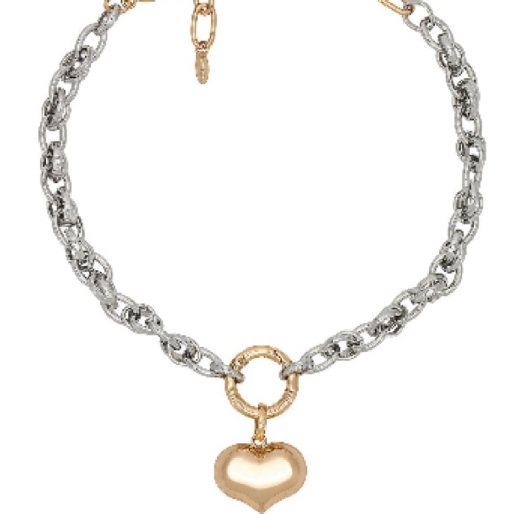 Two-Tone Heart Charm Chain Necklace - Gold & Silver